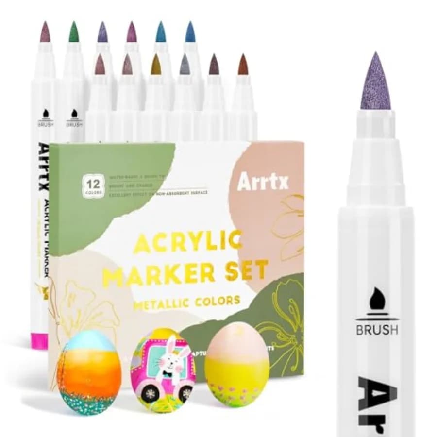 12 Colors Metallic Acrylic Paint Pens for Rock Painting, Extra Fine Tip Metallic Brush Marker for Rock Painting, Ceramic, Glass