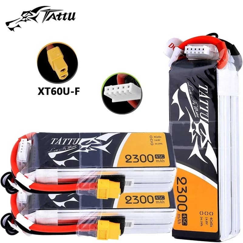 Batteria Lipo TATTU 2300mAh 4S 14.8V 45C con XT60 per Elicottero RC, Quadricottero, Drone da Corsa FPV, Ricambi per Droni 4S
