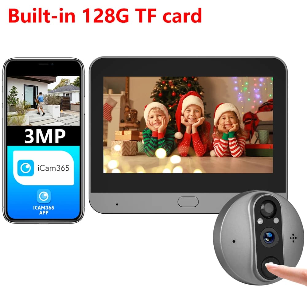 Smart 3MP WiFi Alimentato a batteria Magic Cat Eye Spioncino Campanello PIR FHD Spioncino digitale Telecamera iCam365 APP con scheda TF 128G