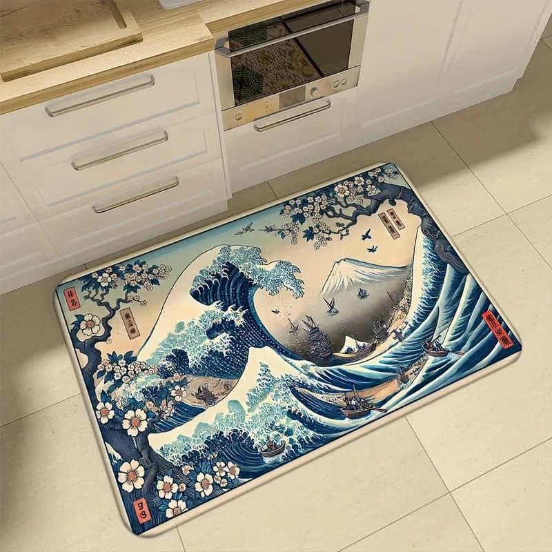 Tappeto VIKAMA con Motivo Onde Ukiyo-E Giapponese, Tappeto Vintage per Soggiorno, Cucina, Ingresso