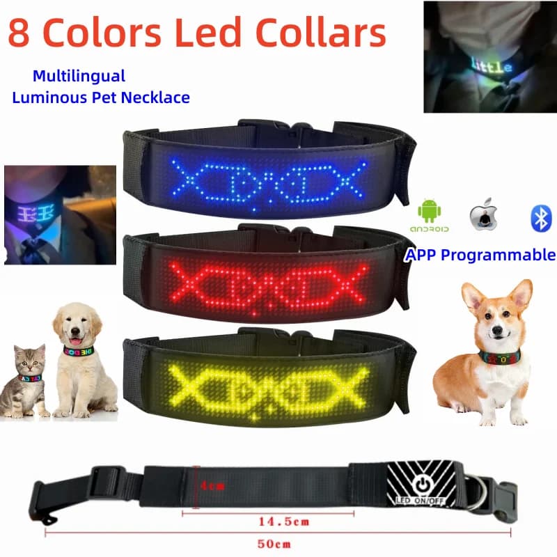 Collari per cani a LED multicolori per animali domestici Programmabili Multilingue Scorrimento Testo personalizzato Animazioni Collana per animali luminosi ricaricabili