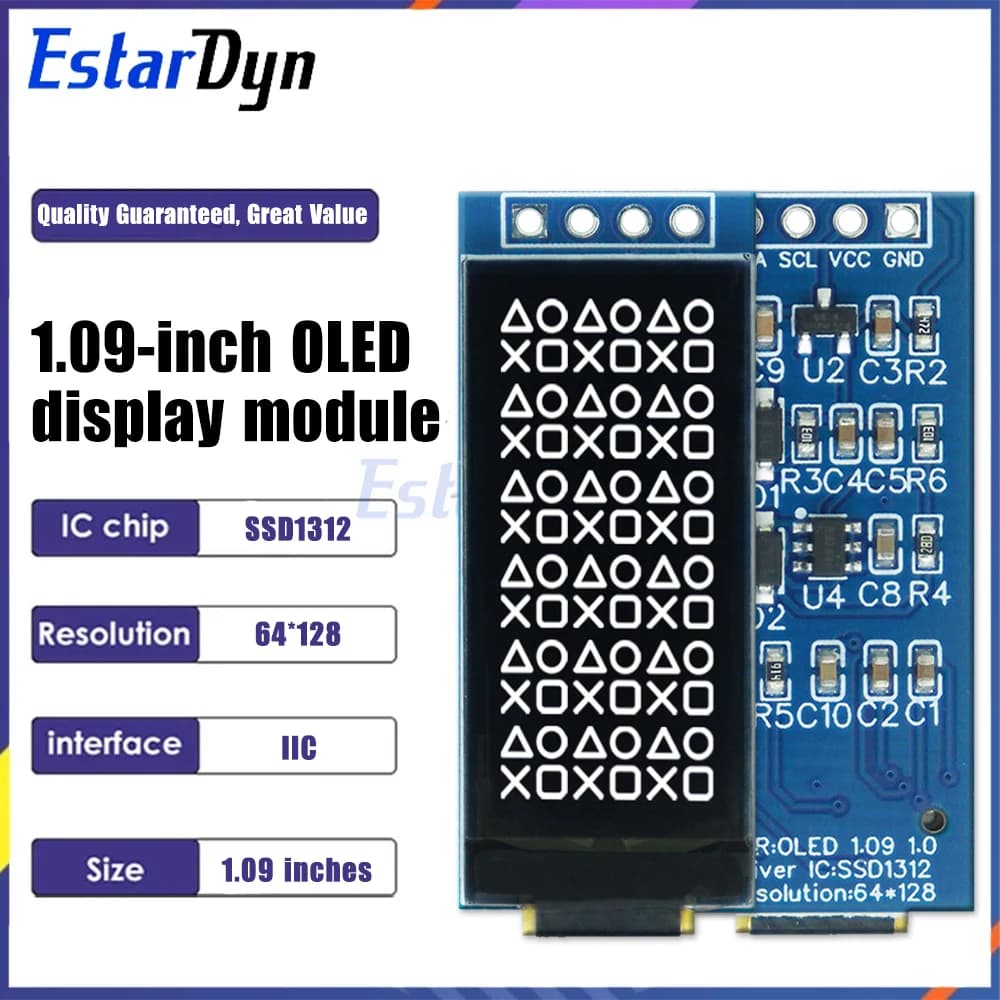 1,09 inch 128x64 SSD1312 white I2C, 4 pin interface for Arduino Raspberry Pi, low power wide display
