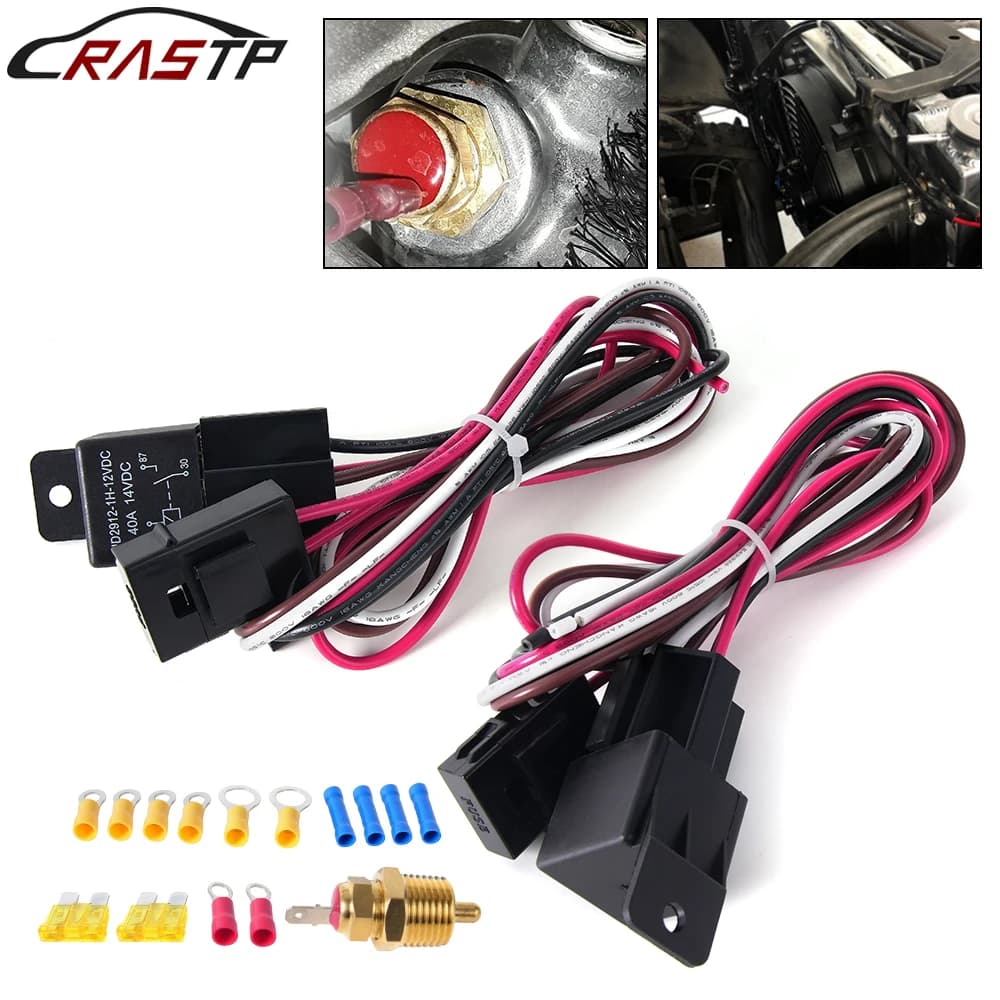 Kit di installazione del cablaggio della ventola di raffreddamento elettrica doppia 40A con interruttore del sensore di temperatura del radiatore del termostato 185 On 175 Off WH001
