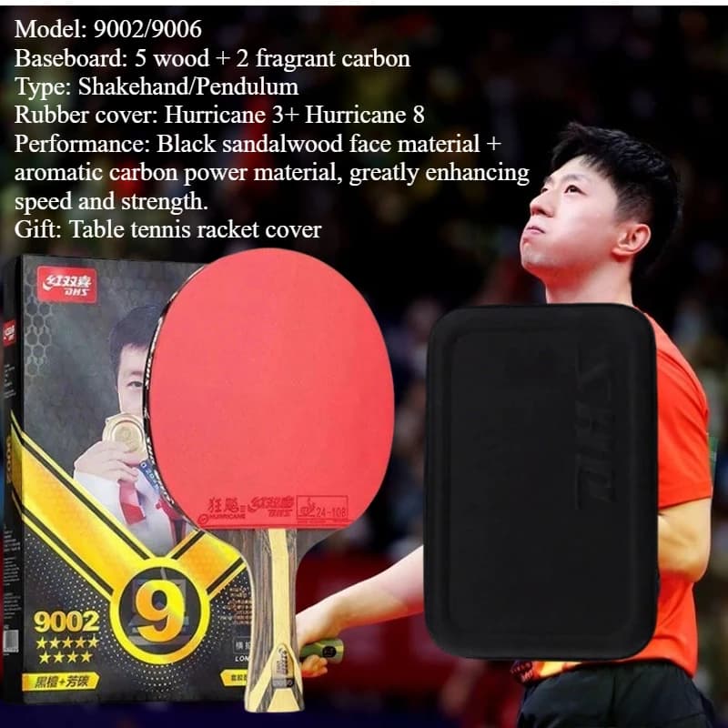 Ping Pong Professional DHS Malong H9002 9 Stars, 5 Wood Roads, 2-ALC, Offensive Rack with Rubber Wall decal Hurricane