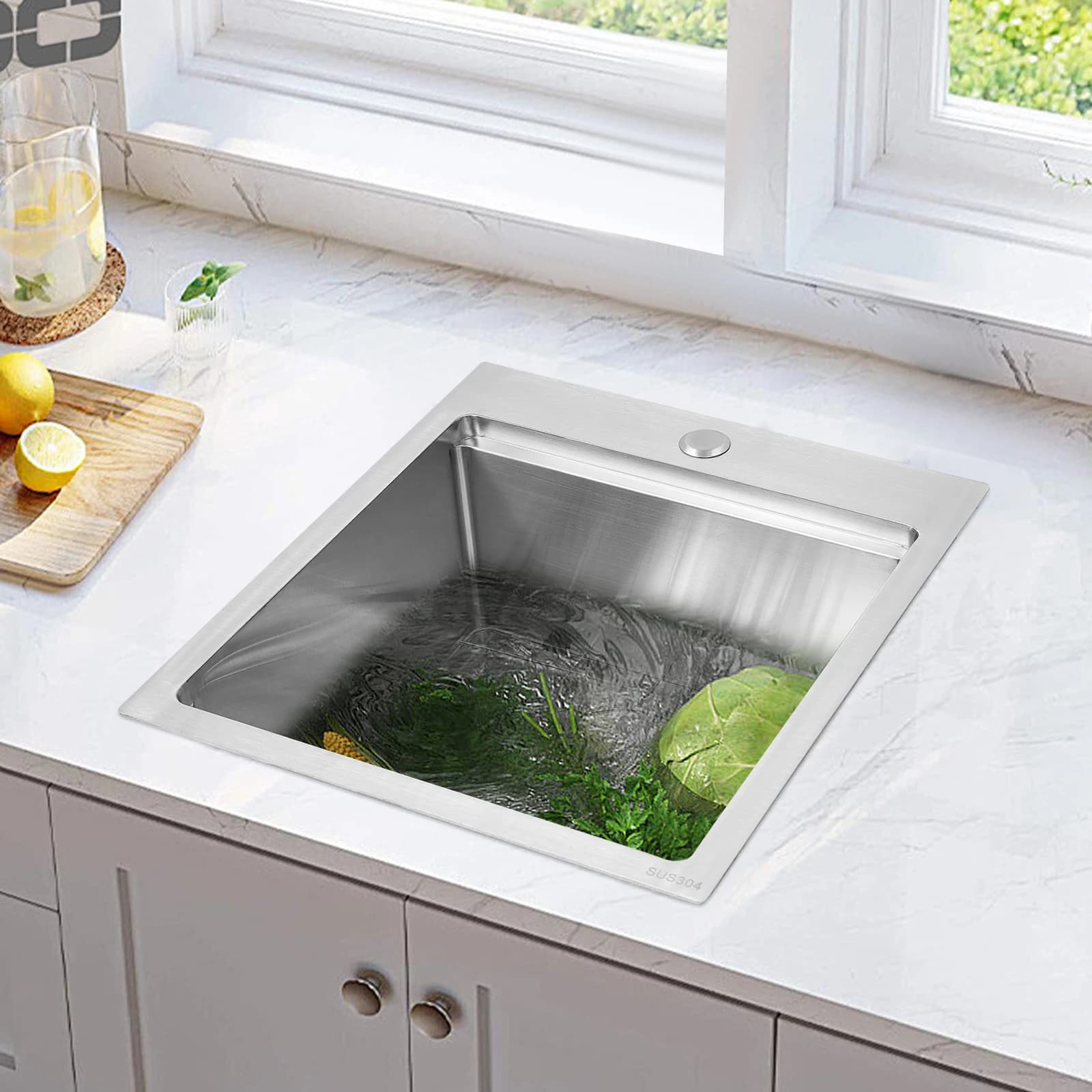 Lavello invisibile da 17 × 19 pollici con copertura per tagliere per verdure, lavello da cucina in acciaio inossidabile