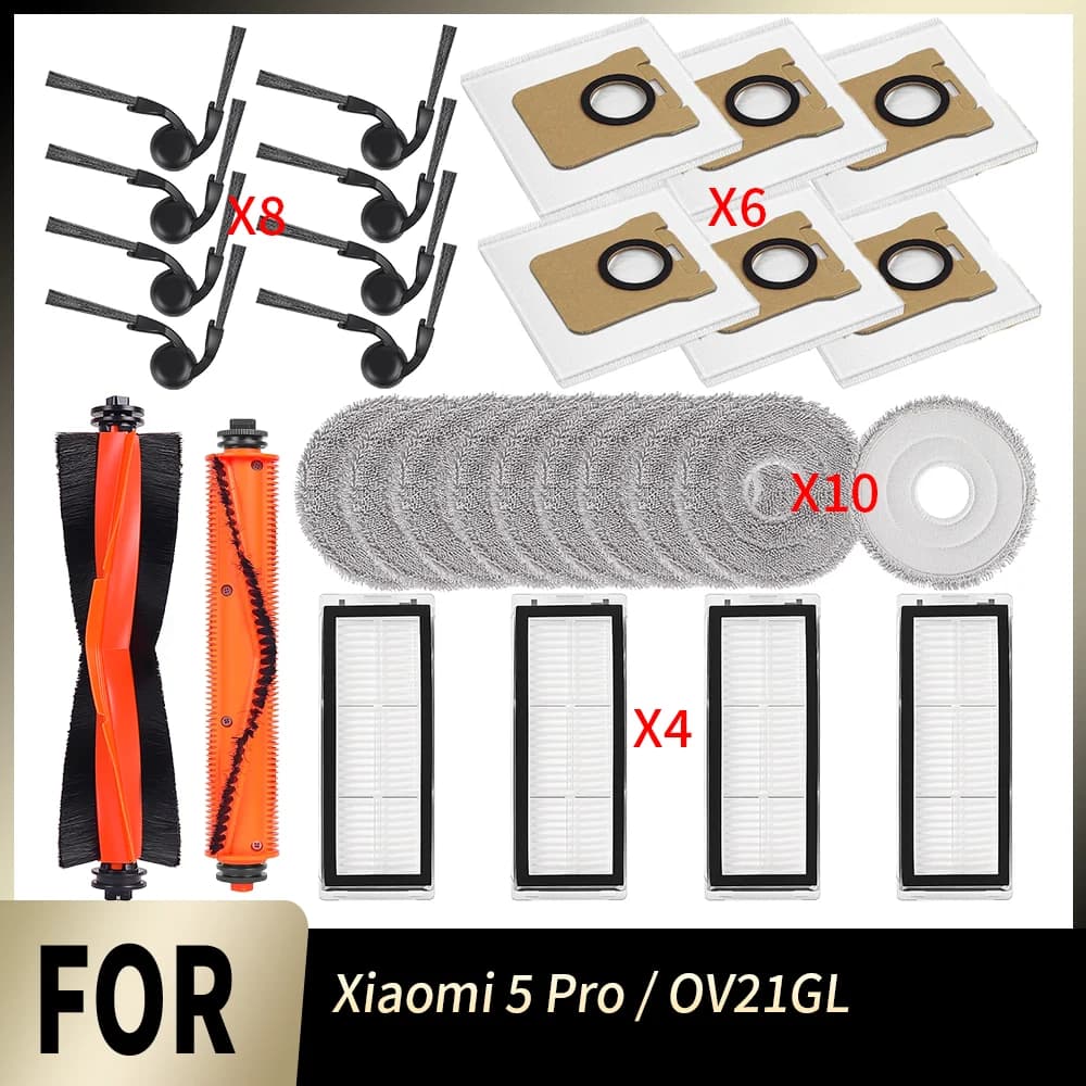 Kit di ricambio perfettamente compatibile per Xiaomi Robot Vacuum 5 Pro OV21GL: filtro HEPA, panno lavapavimenti, spazzola laterale, spazzola principale, sacchetto per la polvere