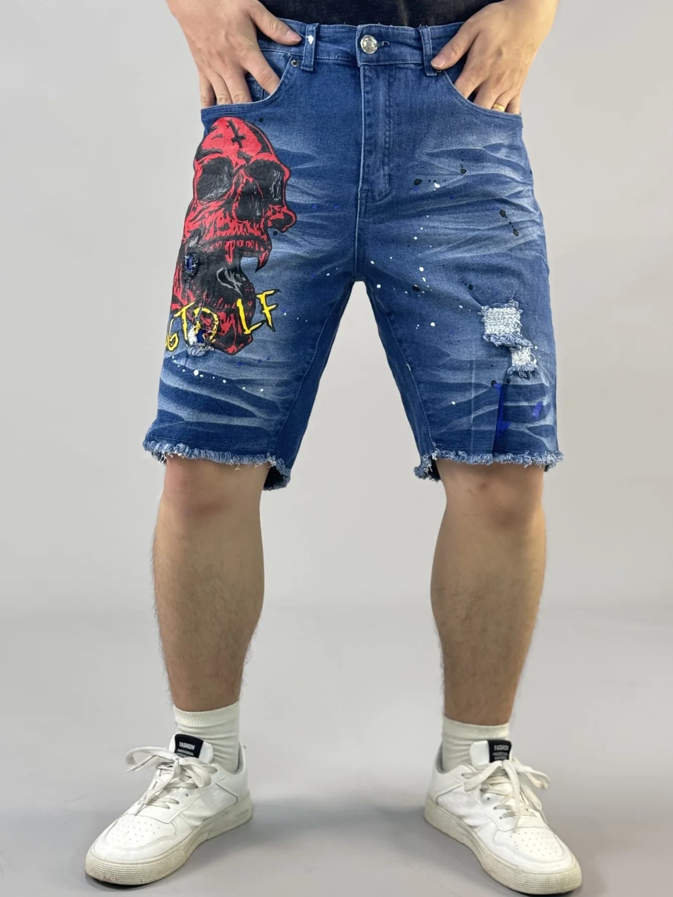 Y2K Fashionable men's denim short trousers with a unique diabolic model Summer Bestseller three styles to choose from