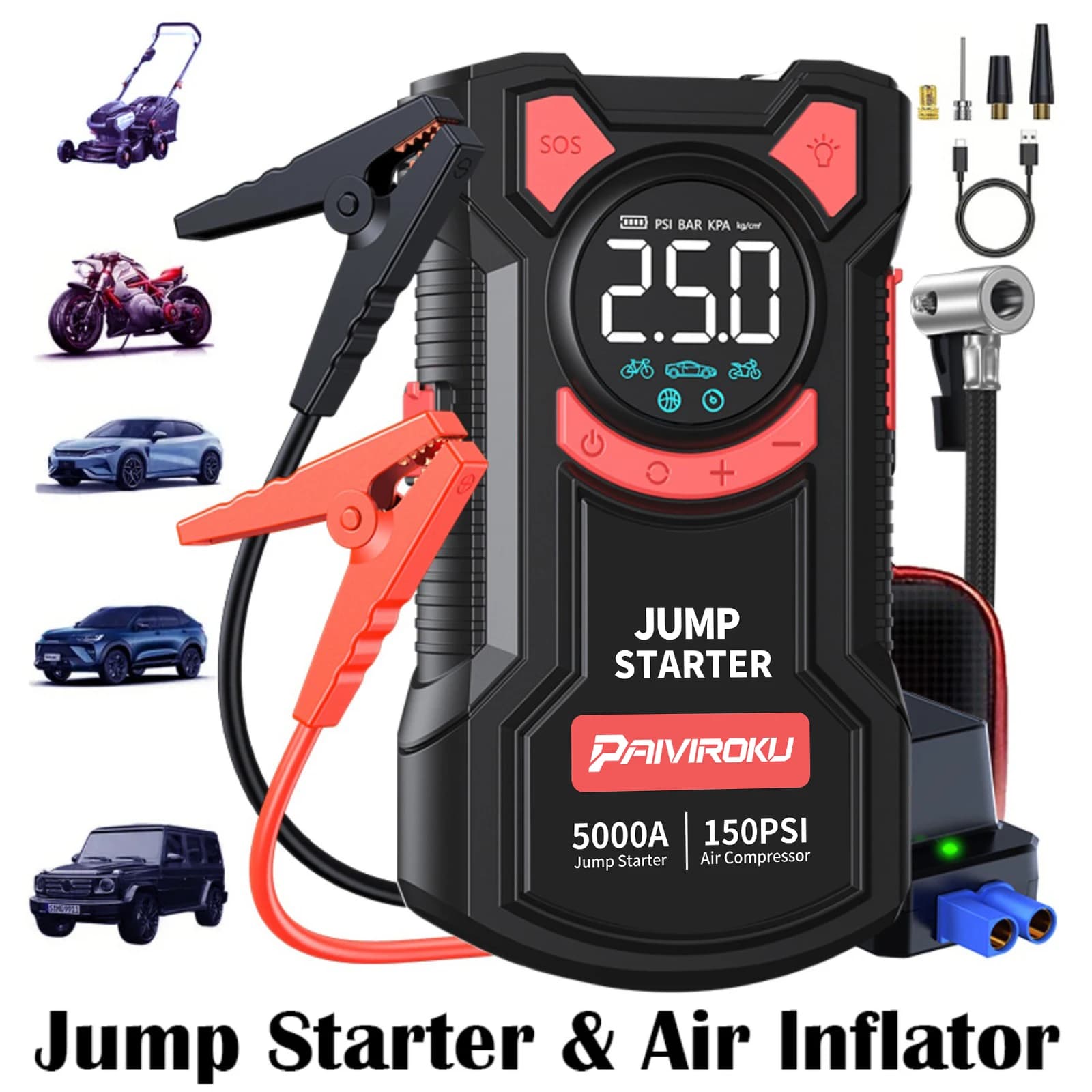 Avviatore di emergenza 5 in 1 con pompa d'aria Scatola di avviamento di picco 5000A Batteria da 150PSI con gonfiatore digitale per pneumatici Avviatore di emergenza per batteria per auto