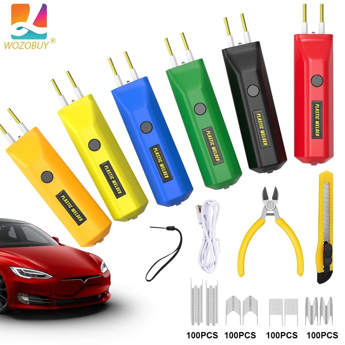 Saldatore di plastica ricaricabile, kit di riparazione in plastica con ricarica USB-C da 100 W e cucitrice a caldo alimentata a batteria, con 400 graffette, riparazione paraurti