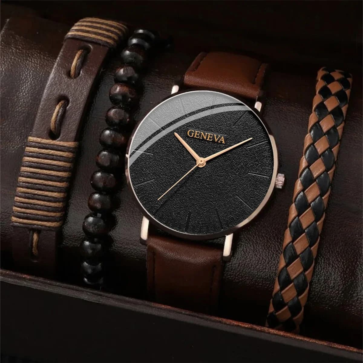 New Men's Watches Luxury Bracelets Set Fashion Business Quartz Wristwatches in brown leather for men Gift Set Relogio Masculino SENZA SCATOLA