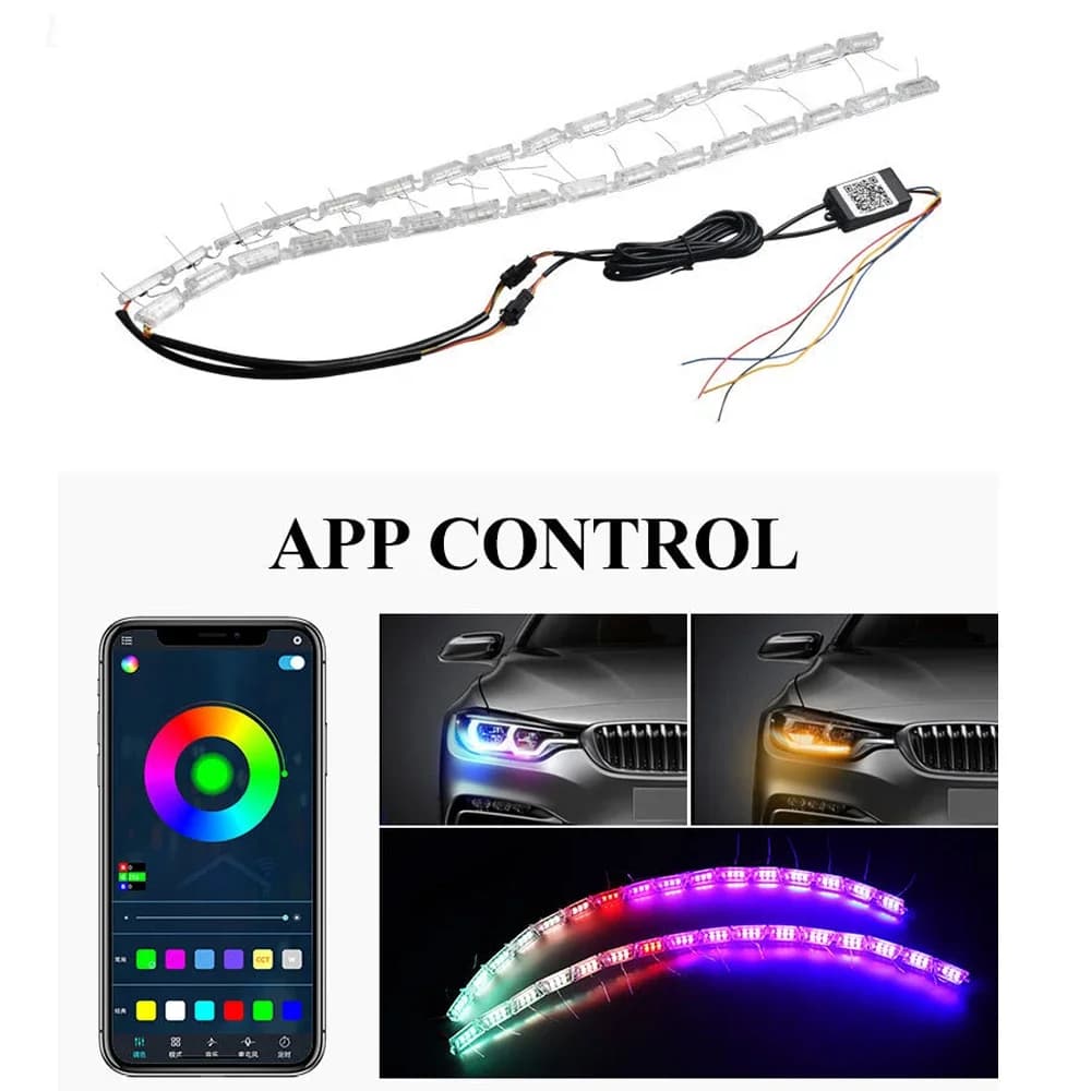 2pcs RGB Car LED luci di marcia diurna striscia impermeabile colorata con indicatore di direzione del faro decorativo giallo fluente 12V