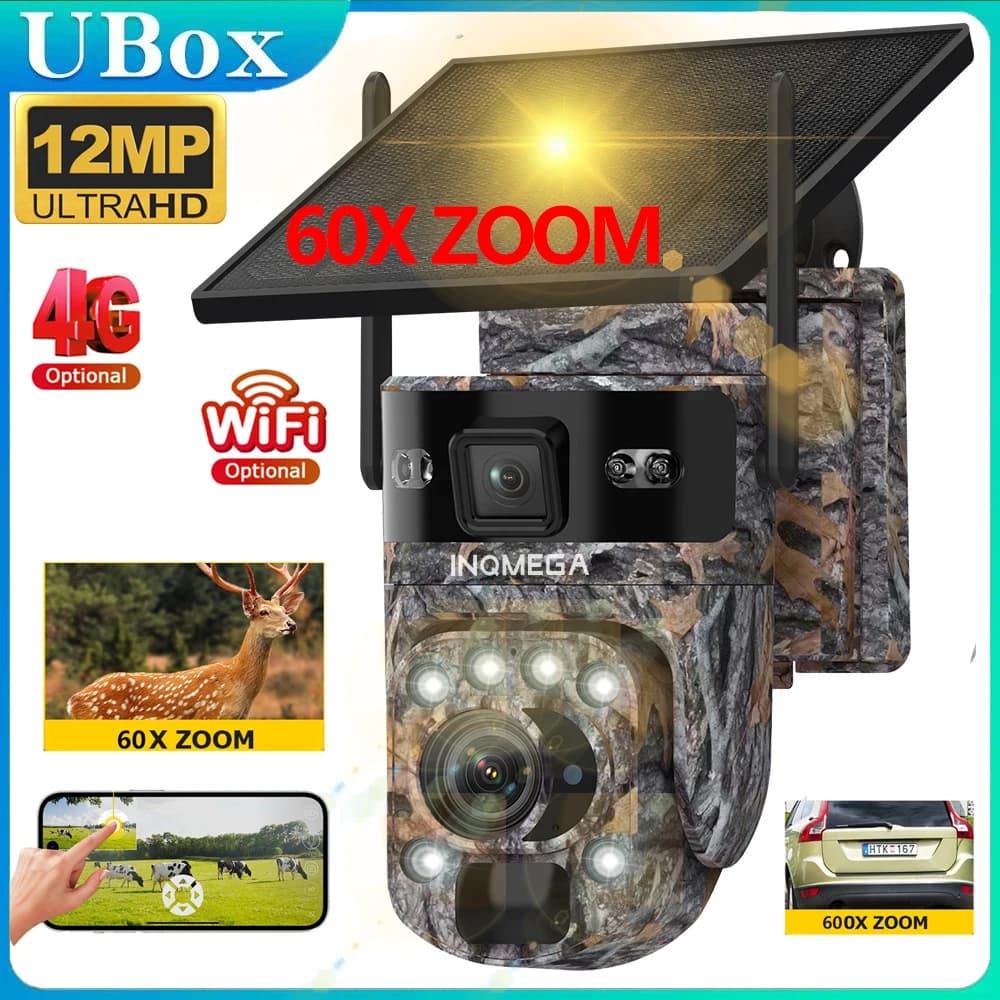 INQMEGA 4G Solar Trail Camera Double Screen Outdoor WiFi Optic Zoom 60X Human/animal detection Automatic monitoring Wildlife cameras