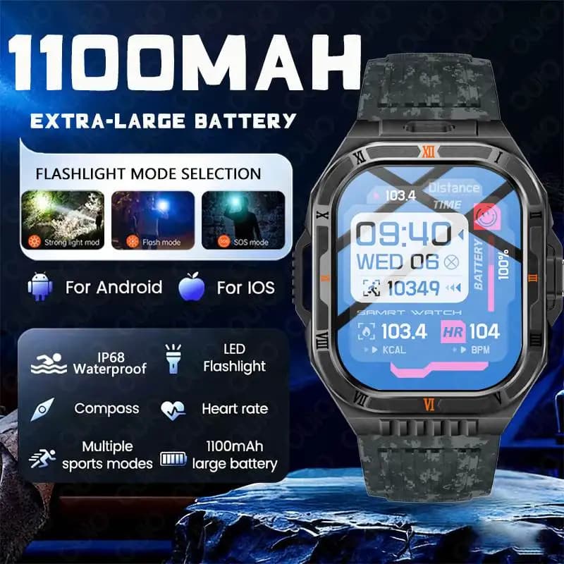 New 1100mAh Large Battery Watch Custom Men Outdoor Compass Call Bluetooth IP68 Sport Waterproof 2.01 Inch Smart Watch Electric Flashlight