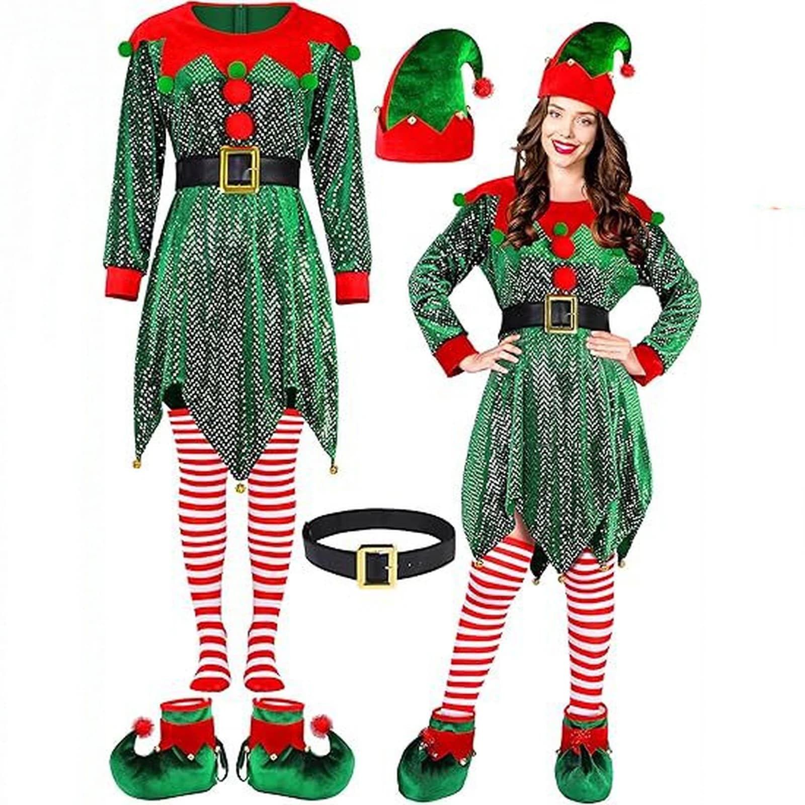 Christmas Elf Set for Adults Party Dresses Cosplay Dresses Hat Socks Pants Belt Shoes Party costume with New Year's sequins