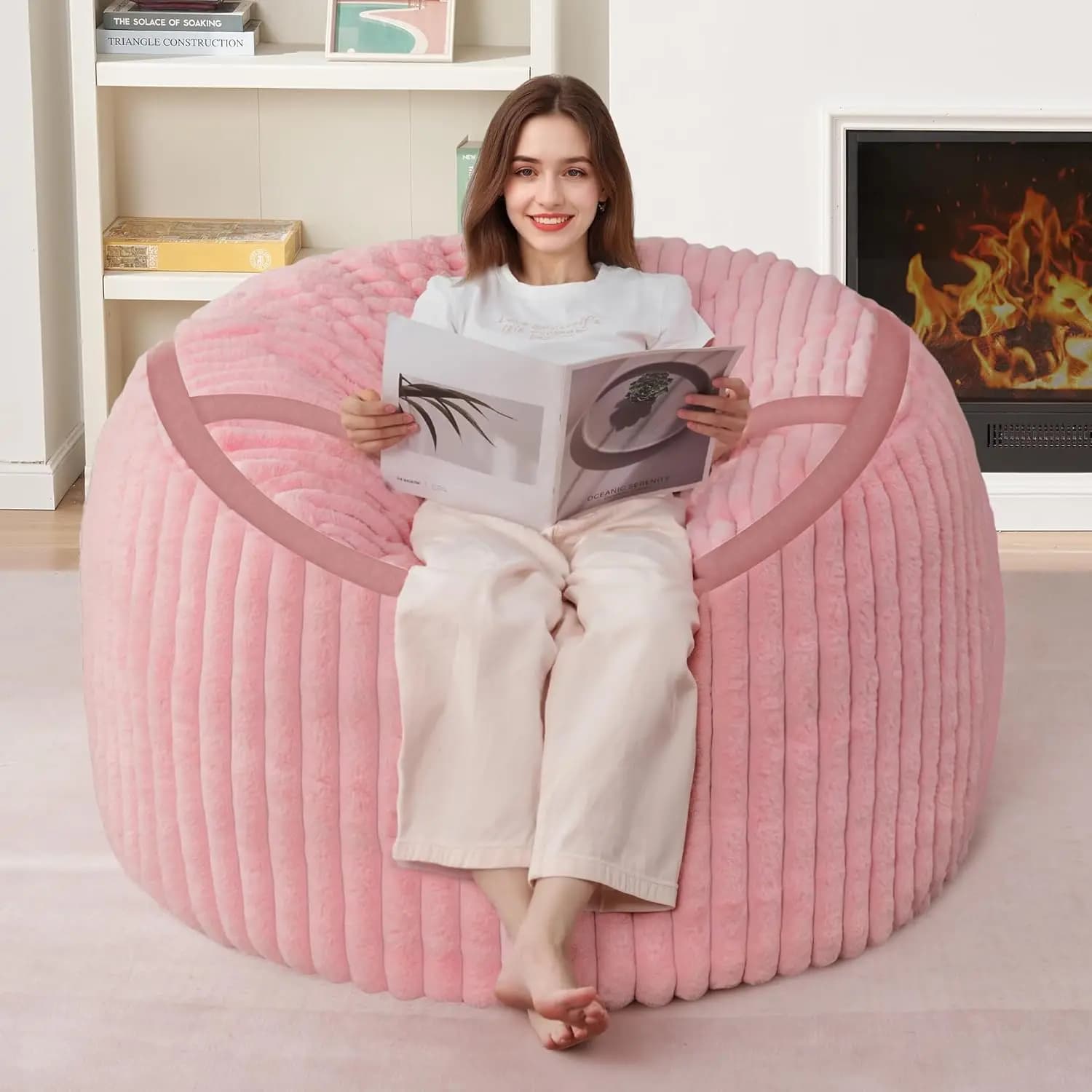 3FT Memory Foam Sacco Armchair with Soft Pelliccia Sintetica for Adults, Comfortable Living Room Sofa, Bedroom, Room - Pink