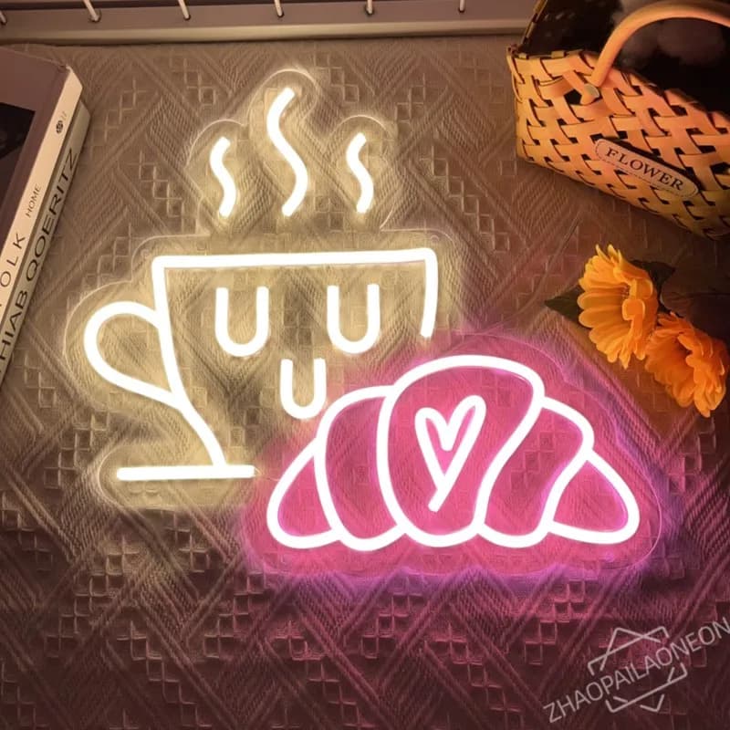 Caffè Pane Insegna al neon Croissant Luce al neon Ristorante Colazione Negozio Cucina Decorazione della casa Regalo Festa Appeso a parete Luci a led
