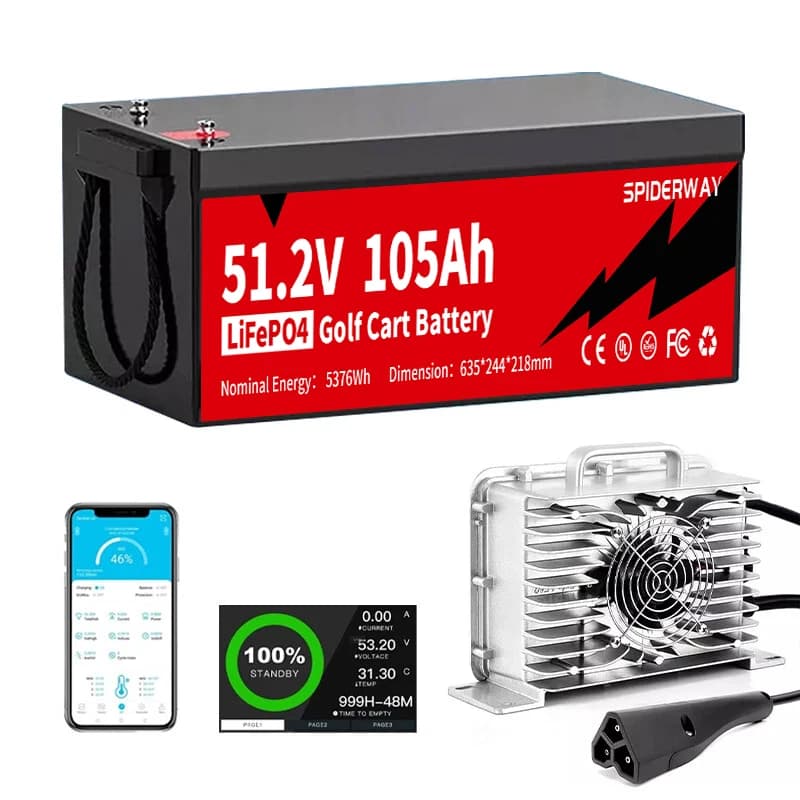 Batteria per carrello da golf al litio 48V 105Ah con caricatore 25A, BMS intelligente integrato da 200A 6000+ cicli per Yamaha G19 G22 10 anni di garanzia