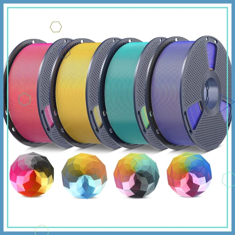 Set di Filamenti PLA+ Effetto Seta in 4 Colori, Texture Lucida, 1.75mm +/-0.02mm, 4kg Totali (4x1kg), Filamento Multicolore per Stampante 3D