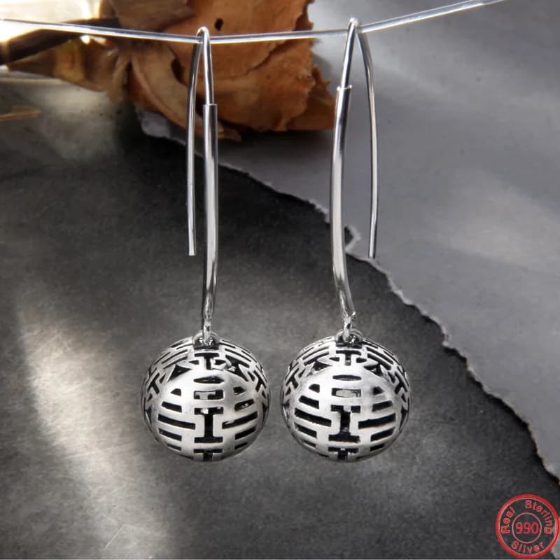 Orecchini pendenti con ciondoli in argento Sterling S990 per le donne in stile cinese con doppia felicità circolare all'ingrosso di gioielli di moda