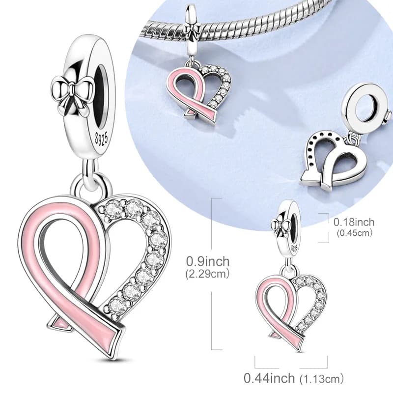 Original 925 Sterling Silver Bead Charms Pink Ribbon Heart Pendant Fit Original Bracelet Necklace For Women DIY Jewelry Gift
