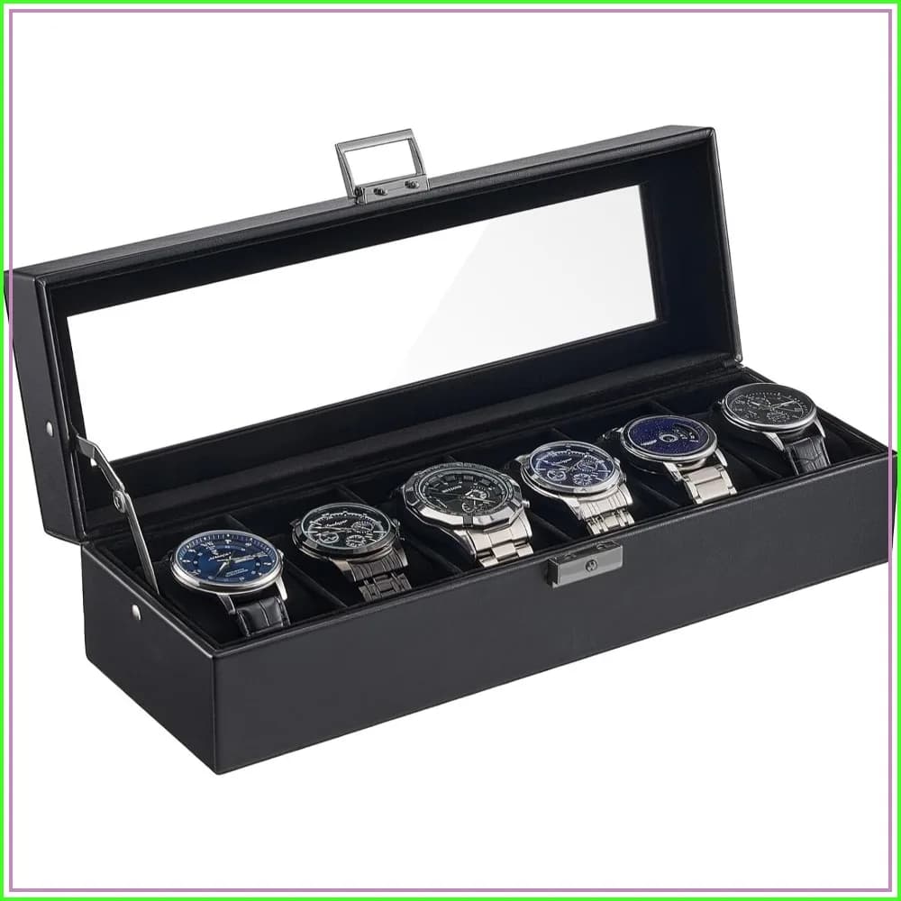 6 Slot Watch Case Box for Men, PU Leather Watch Organizer with Soft Pillow, Lockable Watch Storage Holder with Glass Display Lid