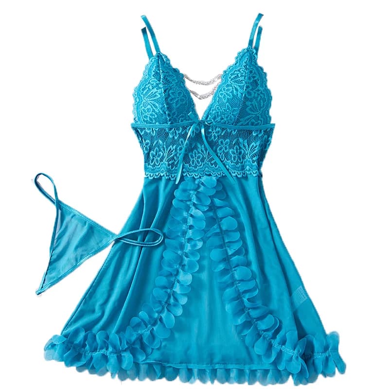 Pigiama traspirante casual da donna senza schienale con scollo a V profondo in pizzo Babydoll sexy per le donne Set di abiti da notte con prospettiva blu tentazione