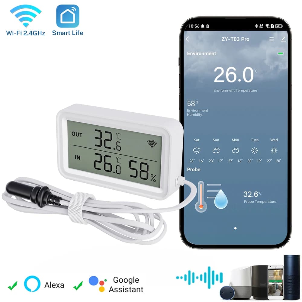 Tuya Sensore Wi-Fi Sensore di umidità della temperatura Misuratore LCD digitale Comodo lavoro Smart Life Assistente Google, con sonda esterna