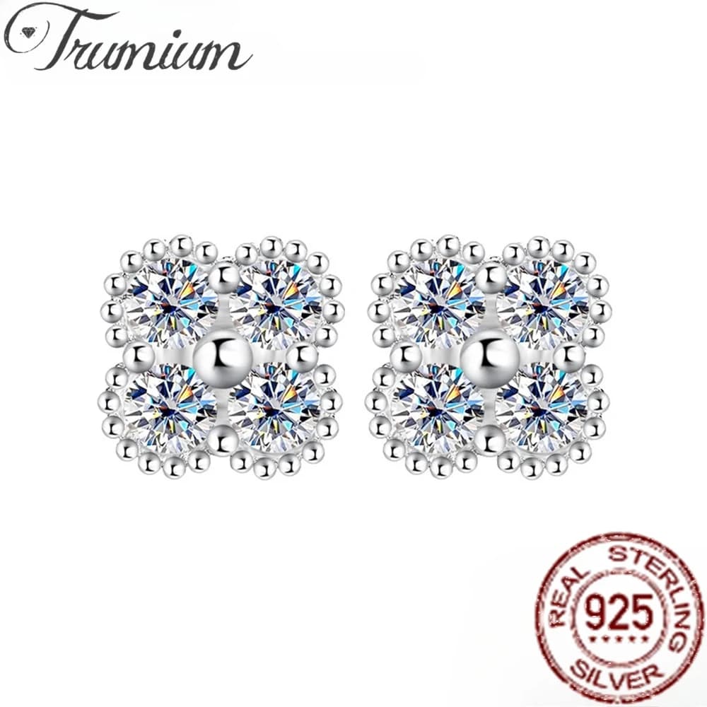 Orecchini a lobo Trumium 1.2CT Moissanite da donna, gioielli in argento 925, quattro diamanti, piccoli fiori, orecchini in argento, regalo di lusso squisito