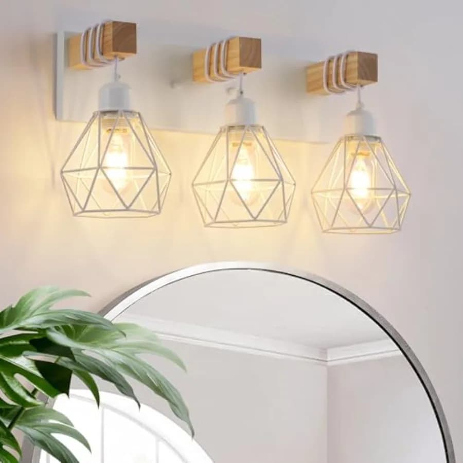 Lampada da parete rustica in legno per bagno, applique da parete sopra lo specchio, illuminazione per vanità in stile rustico con dettagli in metallo