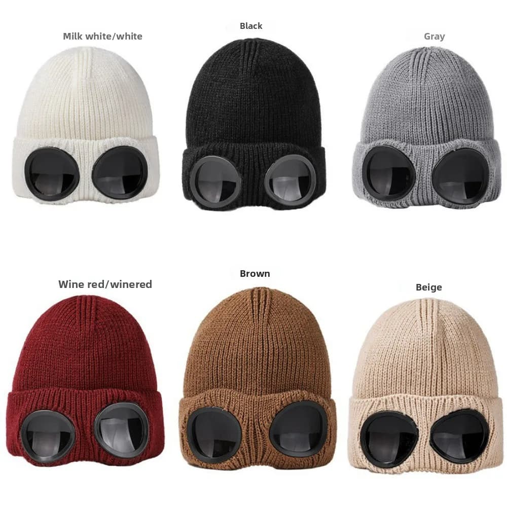 Berretto da sci antivento con occhiali Cappello di lana lavorato a maglia caldo per uomo e donna Copricapo termico per attrezzatura invernale da esterno per la stagione fredda