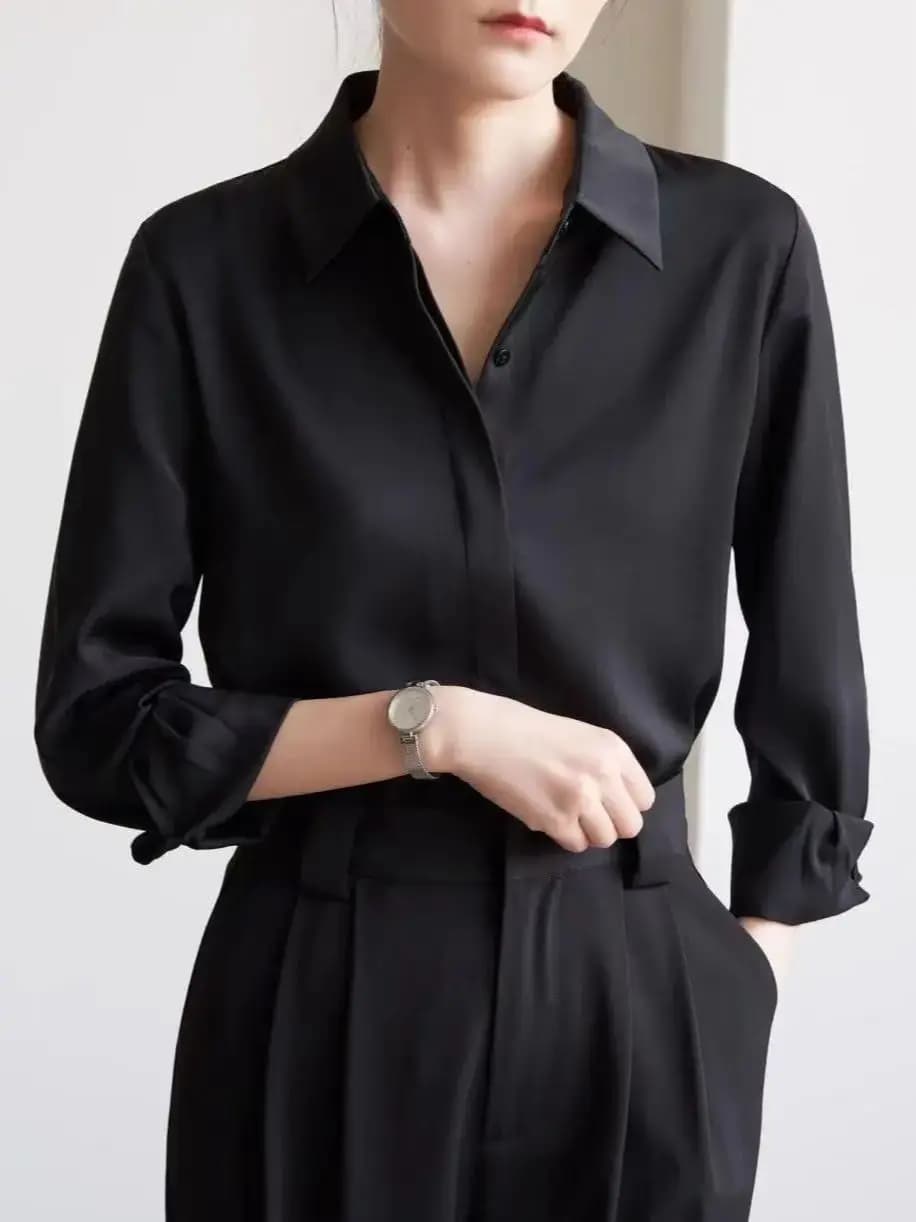 Women's Black Spring Shirts Long Sleeved Shirts with Satin Buttons Elegant Dresses for Women's Office Clothing Women's Top Fashion Korean