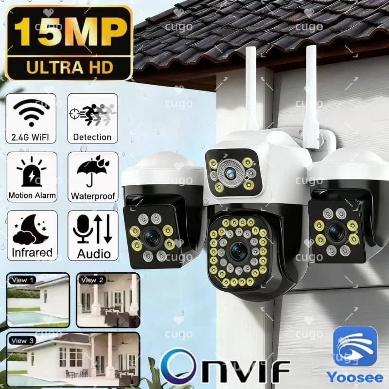 Telecamera IP WiFi 15MP 8K Tripla lente Tripla schermo Video di sicurezza esterna Monitor Visione notturna Impermeabile Zoom 10X Onvif CCTV Cam