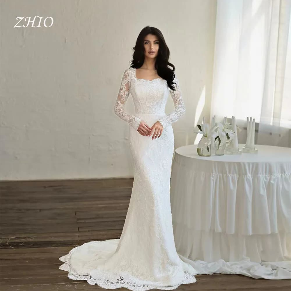 ZHIO Elegant wedding dress in white lace Sweetheart long sleeves siren Sweep Train custom evening dress Robe De Mariée
