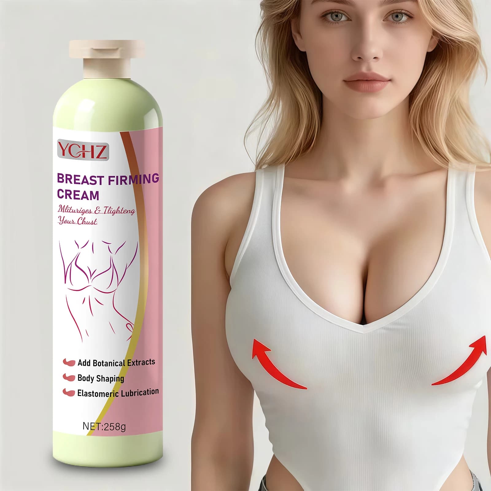 Satin cream for women's breast - Improved and firm, contains collagen, coconut oil, honey - Fits all skin types, moisturizing formula, softens skin, firming cream for breasts