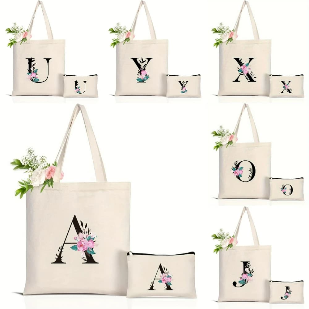Elegant tote bag with floral alphabet Eco-friendly shopping bag reusable for women Spacious bag for commuters Bags for daily use Gift