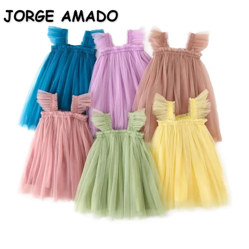 Abito estivo per bambina Sling senza maniche Colletto quadrato Giallo Viola Rosa Blu Verde Maglia Abito da principessa Abbigliamento per bambini E2200