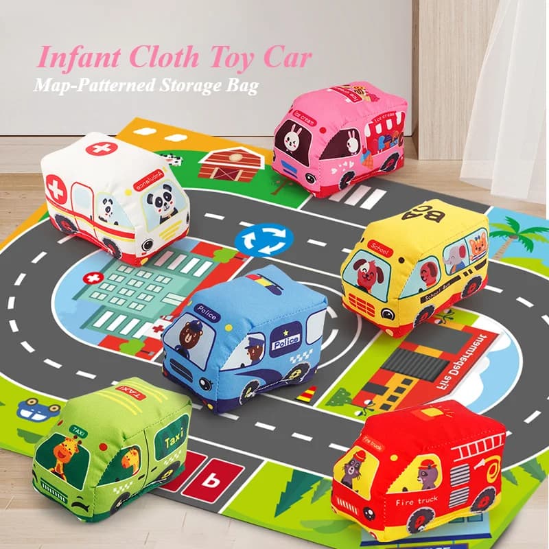Baby Montessori Soft Car Toy with Map Game Mat Storage Bag Infant Cloth Book Cute Cartoon Sensory Training Toys Toddlers Gifts