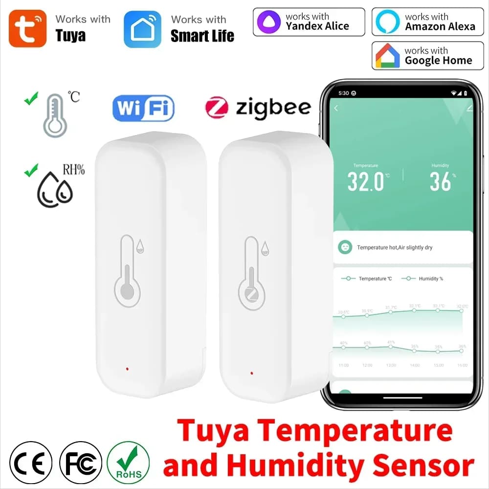 Tuya WiFi Zigbee 3.0 Temperatura e umidità Termometro per casa intelligente Igrometro APP Allarme remoto Funziona con Alexa Google Home