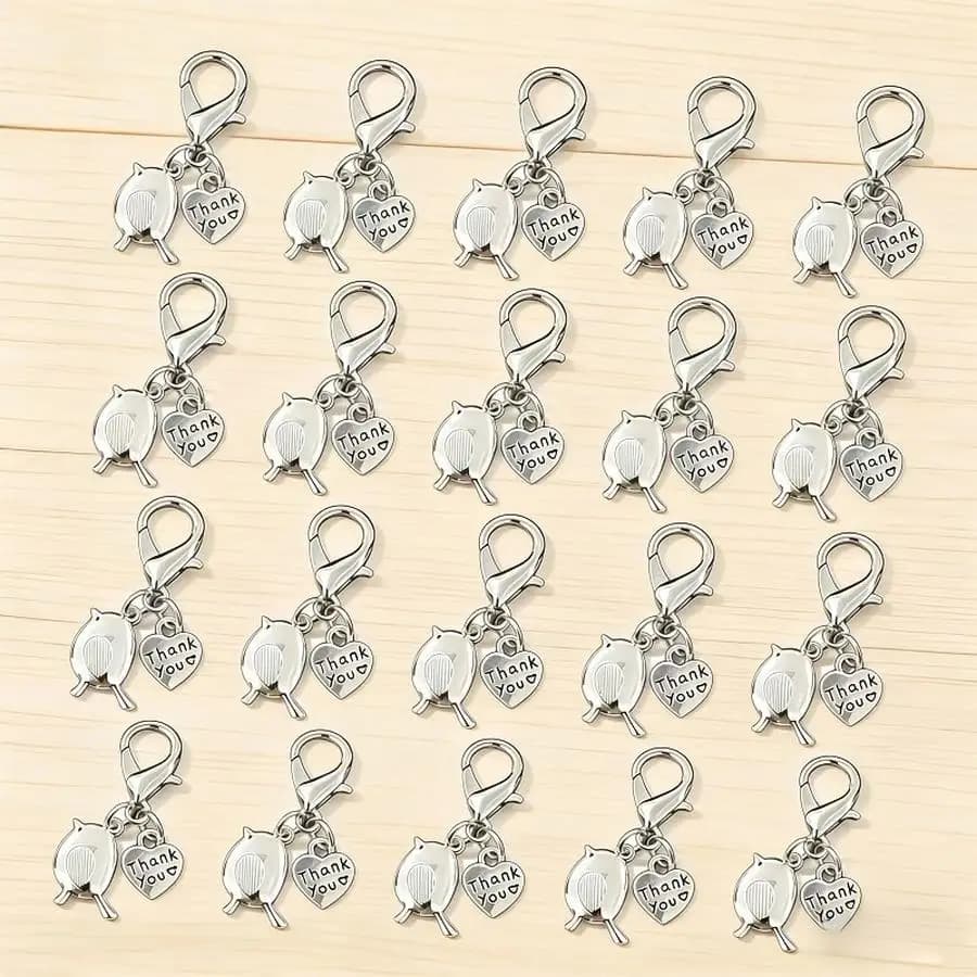 1/5/10/20/50/100pcs s/s Free Little Bird Heart Letter "Thank You" Keychain with Lobster Clasp, Bag/Zipper/Shoe Accessory, Robin