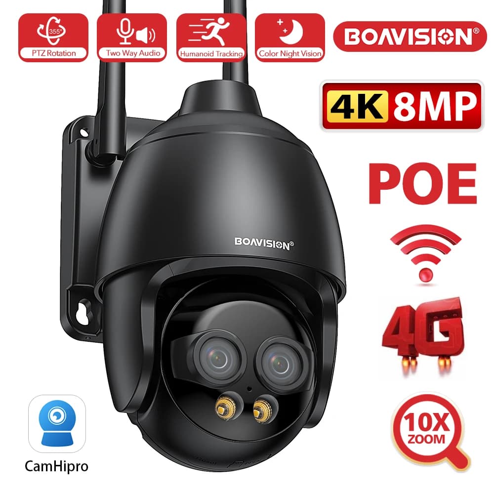 HD 8MP WIFI/4G SIM Card/POE Telecamera di sorveglianza Zoom digitale 10X AI Rilevazione umanoide Monitoraggio automatico Telecamera a doppia lente da 2,8 mm 8 mm