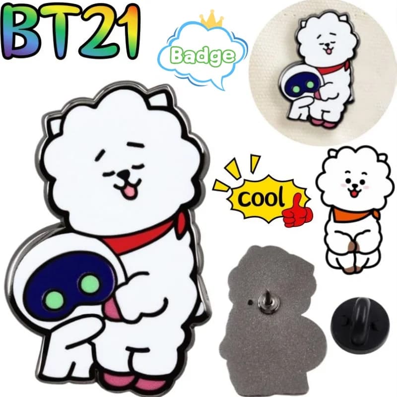Badge in Metallo BT21 RJ, Decorazione Creativa per Borse e Abbigliamento, Stile Anime Cartoon, Regalo per Uomo e Donna