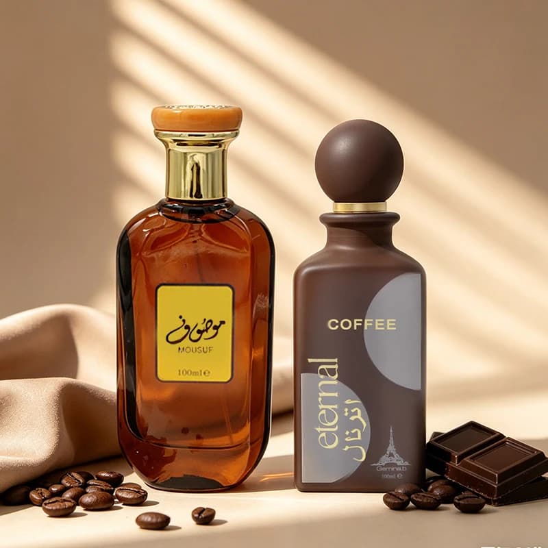 Set di 2 Profumi Gourmand: Caffè 85ml e Mousuf 100ml EDP | Duo Latte Cremoso al Caramello e Tabacco Oud al Cioccolato Fondente