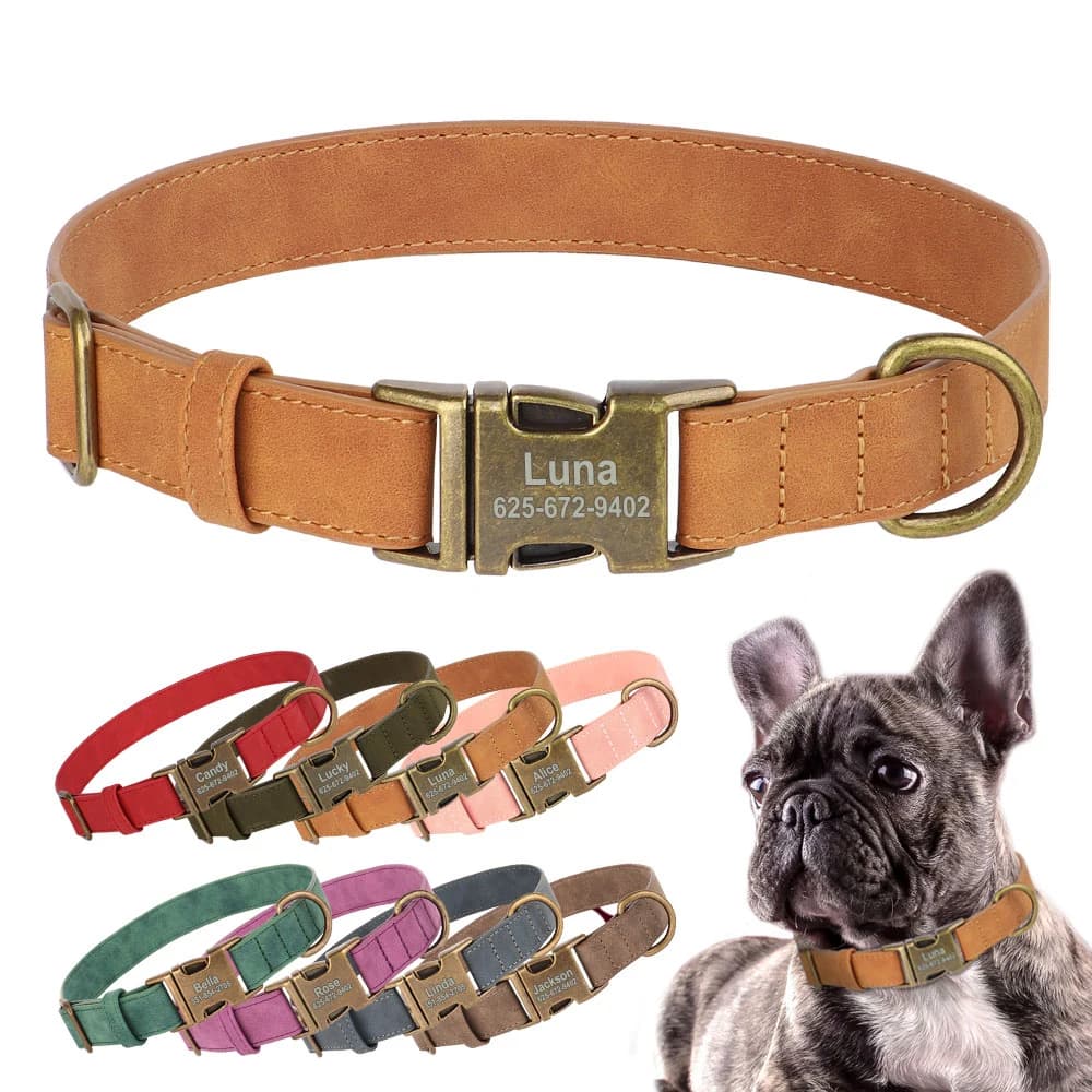 Collare per cani personalizzato Collari per cani in pelle PU personalizzati Nome dell'animale domestico ID Collana con fibbia per cani di taglia piccola, media e grande Pitbull Pug