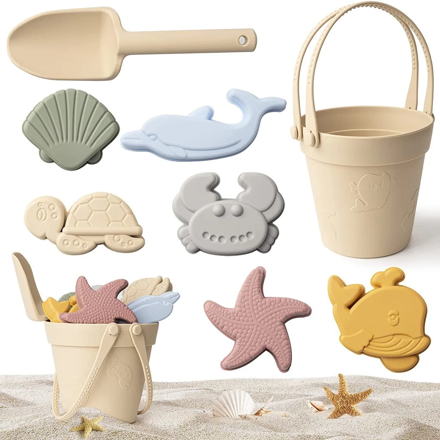 Pala giocattolo da spiaggia in silicone per bambini Oceano all'aperto Spiaggia genitore-figlio Secchio da spiaggia portatile Strumento durevole per scavo e conservazione della sabbia