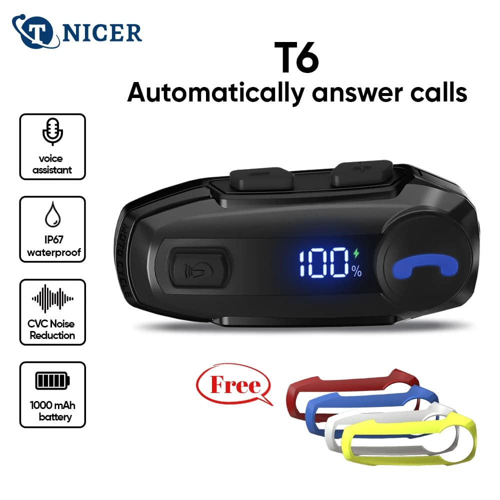 TNICER T6 Motorcycle helmet headset Bluetooth BT5.2 Wireless riding headset Anti-interference Motor Bike Vivavoce Ski Earp