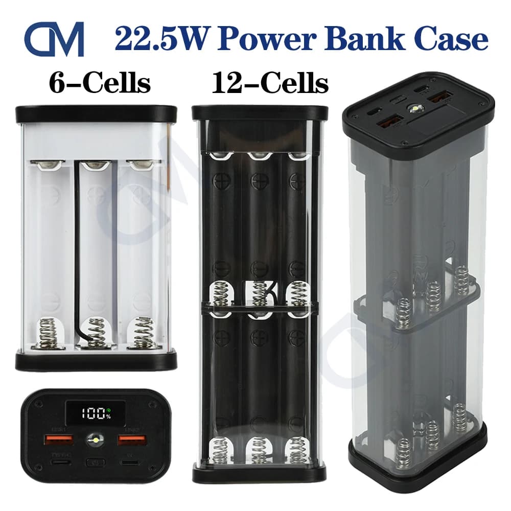 Transparent Gauge Power Bank Case 18650 22.5 W Quick Charging LED USB + Type Port C Battery Storage Box 6/12 Cell Charging Gauge