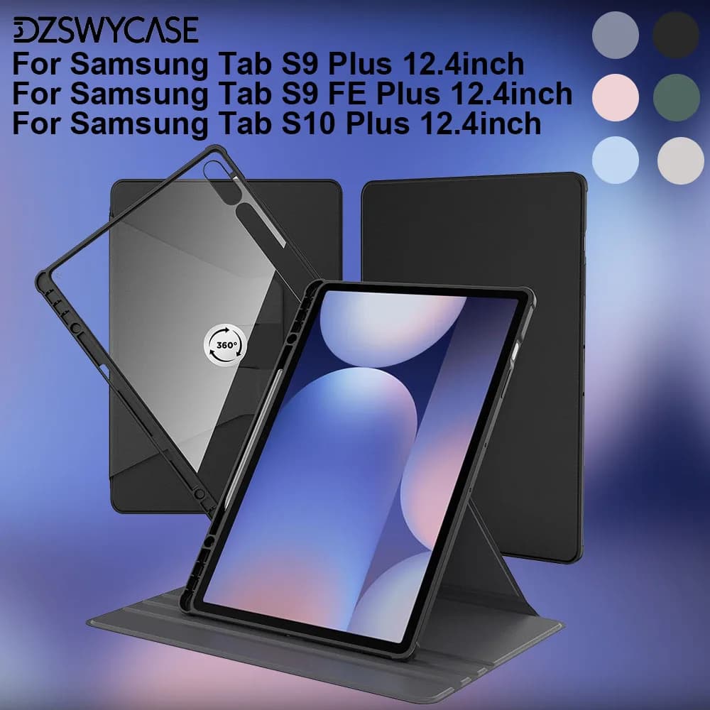 Custodia Protettiva Girevole a 360 Gradi per Samsung Galaxy Tab S10 Plus/S9 Plus/S9 FE 12.4 Pollici, con Porta Penna, in TPU