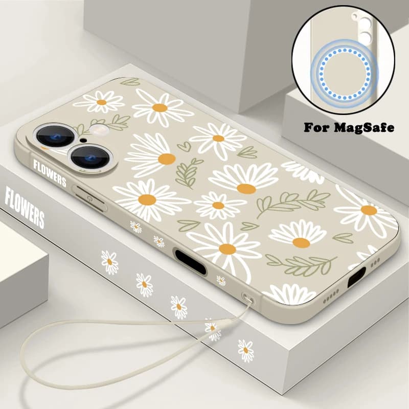 Magnetic Case with White Flowers for iPhone 17 16 15 14 13 12 Pro Max 11 16e, Compatible with Refill Wireless MagSafe, Cover Soft in TPU with Cordino