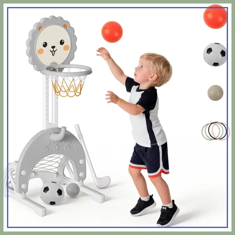 Canestro da Basket 4-in-1 Regolabile in Altezza, Calcio, Hockey e Lancio degli Anelli, Centro Sportivo per Interni ed Esterni, Grigio e Bianco