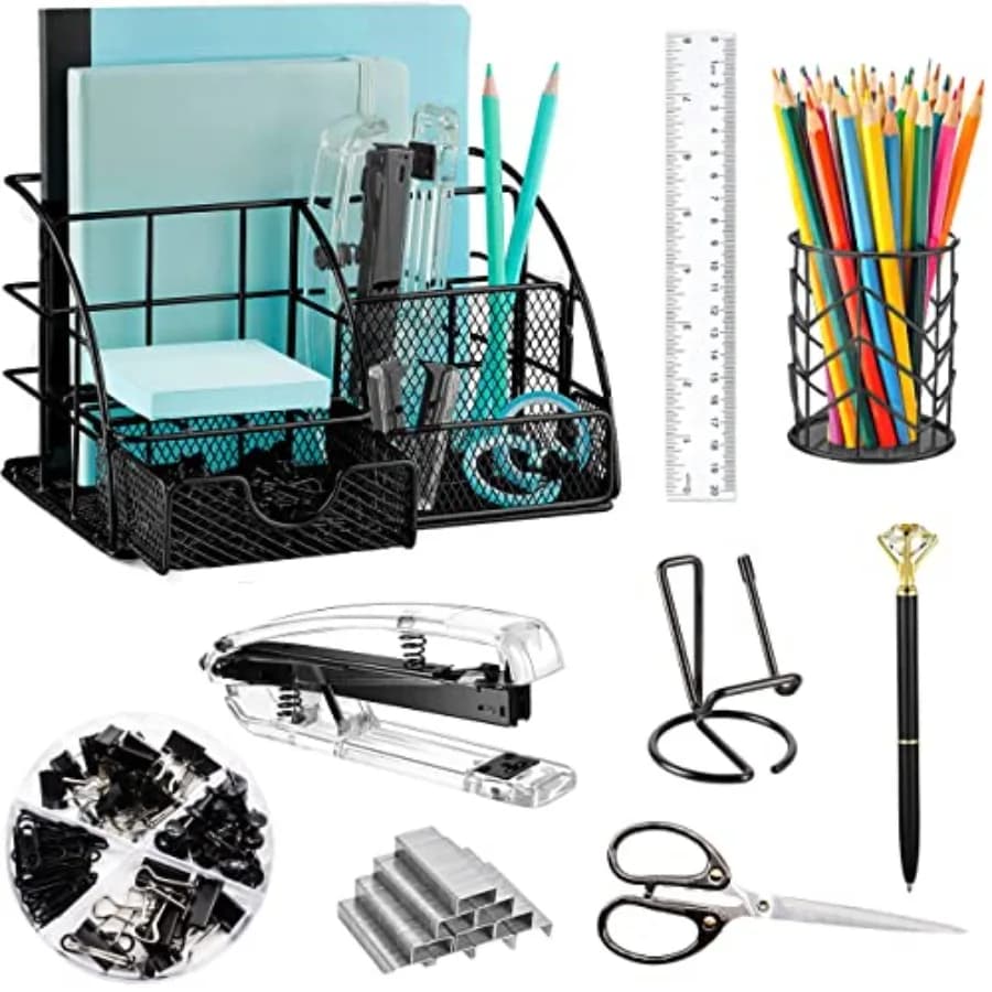 Set di Accessori per Ufficio Neri: Organizzatori da Scrivania, Graffettatrice, Portapenne, Supporto Telefono, Forbici, Righello, 30 Graffette, 22